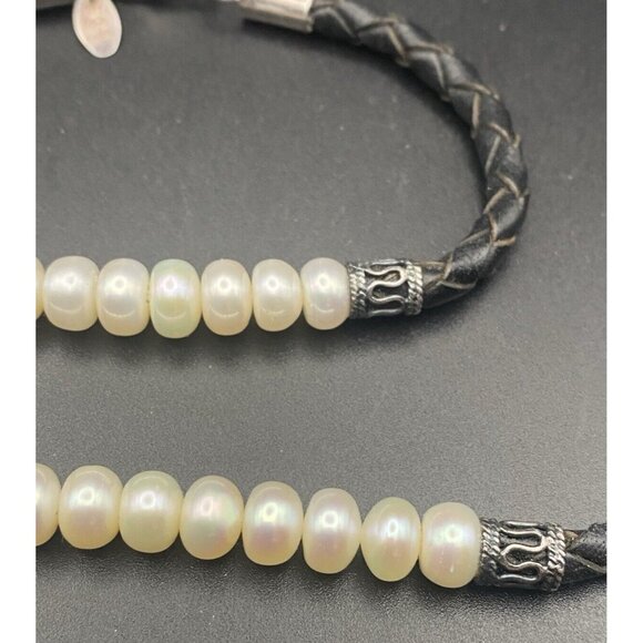 Necklace & Bracelet Set Sterling Silver Freshwater Pearls Braided Black Leather - Picture 3 of 7